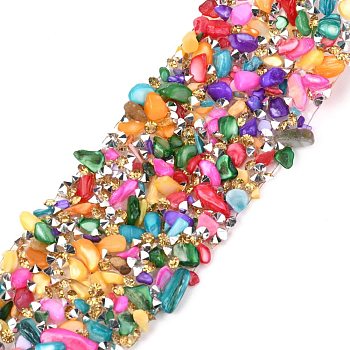 Hotfix Rhinestone, with Shell Beads and Rhinestone Trimming, Crystal Glass Sewing Trim Rhinestone Tape, Costume Accessories, Colorful, 35mm