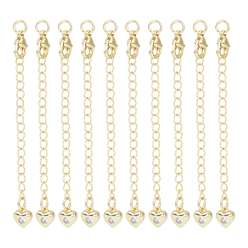 10Pcs Brass Curb Chain Extender, End Chain with Stainless Steel Lobster Claw Clasps and Heart Clear Cubic Zirconia Chain Tab, Golden, 77x3mm, Hole: 3mm