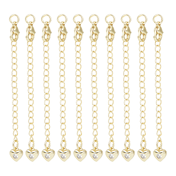 Unicraftale 10Pcs Brass Curb Chain Extender, End Chain with Stainless Steel Lobster Claw Clasps and Heart Clear Cubic Zirconia Chain Tab, Golden, 77x3mm, Hole: 3mm