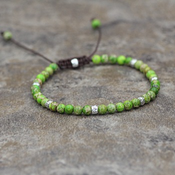 Dyed Natural Imperial Jasper Round Braided Bead Bracelet, Green, 