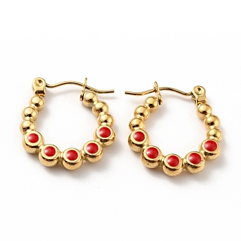 Ion Plating(IP) 304 Stainless Steel Round Beads Wrap Hoop Earrings with Enamel for Women, Golden, Red, 18x17x3mm, Pin: 0.8mm