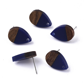 Resin & Walnut Wood Stud Earring Findings, with 304 Stainless Steel Pin, Teardrop, Dark Blue, 17x11mm, Hole: 1.8mm, Pin: 0.7mm
