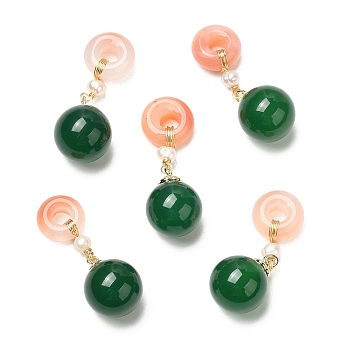 Natural Green Agate Round Pendants, Donut Charms with Pearl and Brass Beads, Real 14K Gold Plated, 32.5mm, Hole: 4mm