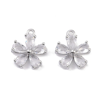 Brass Micro Pave Clear Cubic Zirconia Pendants, Flower Charms, Real Platinum Plated, 13x11.5x3mm, Hole: 1.2mm