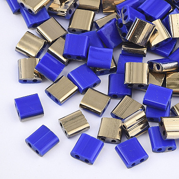 2-Hole Glass Seed Beads, Half Golden Plated Colours, Square, Blue, 5x4.5~5.5x2~2.5mm, Hole: 0.5~0.8mm, about 1180pcs/bag