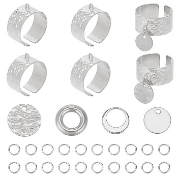 DIY Flat Round Charms Cuff Ring Making Kit, Including 304 Stainless Steel Open Finger Ring Components & Jump Ring & Charms & Linking Rings, Stainless Steel Color, 10x1mm, Hole: 1.4mm