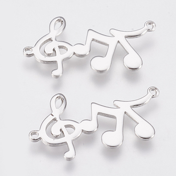 Brass Links, Musical Note, Nickel Free, Real Platinum Plated, 16.5x29.5x1mm, Hole: 1mm