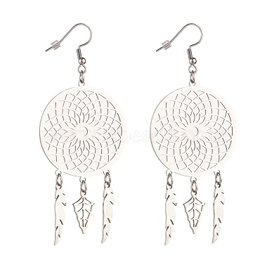 304 Stainless Steel Woven Net with Feather Dangle Earrings for Women(EJEW-JE05005)-2