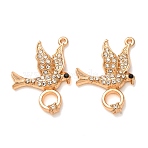 Alloy Rhinestone Pendants, Bird with Ring Charms, Light Gold, 25~25.5x20.5~21x5mm, Hole: 1.2mm(RB-CBAA987-16KCG)