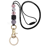 PVC Plastic Card Holders, with Wood Beaded Neck Strap, Pink, 450mm(HJEW-SW00114-02)