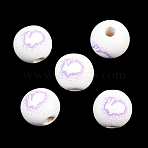 Printed Wood European Beads, Round with Rabbit Pattern, Large Hole Beads, Medium Orchid, 15~15.5x14.5~15mm, Hole: 4.5mm(WOOD-G029-03A)