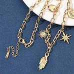 304 Stainless Steel Hamsa Hand Heart Sun Pendant Bib Necklaces for Women, Ion Plating(IP), with Acrylic Imitation Pearl, White, Real 18K Gold Plated, 15.79 inch(40.1cm)(NJEW-B151-02G)