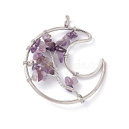 Moon Natural Amethyst Copper Wire Wrapped Chip Big Pendants, Tree of Life Charm, with Platinum Tone Iron Findings, 57x51x8mm, Hole: 6.2mm(G-E195-05P)