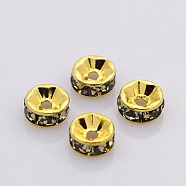 Brass Rhinestone Spacer Beads, Grade A, Straight Flange, Golden Metal Color, Rondelle, Black Diamond, 6x3mm, Hole: 1mm(RB-A014-Z6mm-12G)