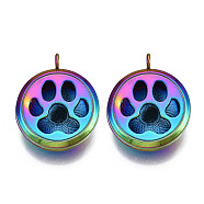 Rack Plating Alloy Locket Pendants, Diffuser Locket, with Magnetic, Cadmium Free & Nickel Free & Lead Free, Flat Round with Cat Paw Print, Rainbow Color, 36x30x11mm, Hole: 4mm, Inner Diameter: 22mm(PALLOY-S119-105)