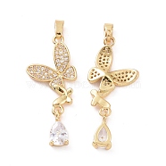Brass Micro Pave Clear Cubic Zirconia Pendants, Butterfly with Teardrop Charm, Real 18K Gold Plated, 33x13.5x3mm, Hole: 4x2.5mm(KK-E068-VC412)