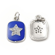 Brass Micro Pave Cubic Zirconia Pendants, with Enamel & Jump Ring, Rectangle with Star Charm, Platinum, Blue, 16x11x2mm, Hole: 2.5mm(KK-E068-VB443-1)