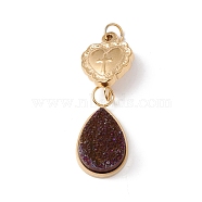 Electroplated Natural Druzy Quartz Pendants, with Ion Plating(IP) 304 Stainless Steel Findings, Purple Plated, Heart & Drop, Golden, 37mm, Jump Ring: 5x0.6mm, 3.8mm Inner Diameter(G-K243-05G)