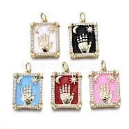 Brass Micro Pave Clear Cubic Zirconia Pendants, with Enamel and Jump Rings, Cadmium Free & Nickel Free & Lead Free, Real 16K Gold Plated, Rectangle with Hand & Moon & Sun, Mixed Color, 19.5x14.5x3mm, Jump Ring: 5x1mm, 3mm inner diameter(ZIRC-S067-007-NR)