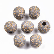 Painted Natural Wood Beads, Laser Engraved Pattern, Round with Leopard Print, Light Grey, 10x8.5mm, Hole: 2.5mm(WOOD-T021-53A-05)