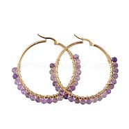 Beaded Hoop Earrings, with Natural Amethyst Beads, Golden Plated 304 Stainless Steel Hoop Earrings, 50mm, Pin: 0.6x1mm(EJEW-JE03830-02)
