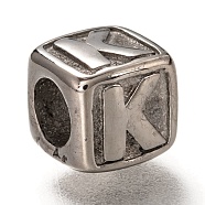 304 Stainless Steel European Beads, Large Hole Beads, Horizontal Hole, Cube with Letter, Stainless Steel Color, Letter.K, 8x8x8mm, Hole: 4.5mm(OPDL-L020-001K)
