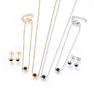 304 Stainless Steel Jewelry Sets, Pendant Necklaces & Stud Earrings & Bracelets, with Rhinestones, Flat Round, Black, Mixed Color, 16.54 inch(42cm), 6-3/4 inch(17cm), 6.5x3.5mm, Pin: 0.8mm(SJEW-H144-24C)