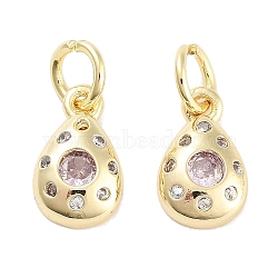 Brass Micro Pave Cubic Zirconia Charms, with Jump Ring, Teardrop, Real 18K Gold Plated, Pink, 10.5x6x2.5mm, Hole: 3mm(KK-C051-02G-01)