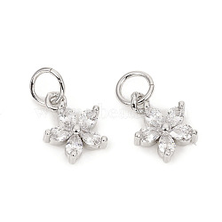 Brass Micro Pave Cubic Zirconia Charms, with Jump Rings, Flower, Clear, Platinum, 9.5x7.8x2.5mm, Jump Rings: 4.8x0.8mm, 3.2mm Inner Diameter(ZIRC-L096-10P)