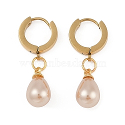 PVD Vacuum Plating 201 Stainless Steel Hoop Earrings, with Plastic Imitation Pearl Beads, 304 Stainless Steel Pin, Teardrop, Golden, PeachPuff, 32x8mm(EJEW-I309-74G-02)