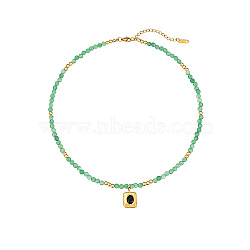 Natural Green Aventurine Bead Necklaces, Rectangle Stainless Steel Shell Pendant Necklaces for Women, 15.75 inch(40cm)(MX2744)