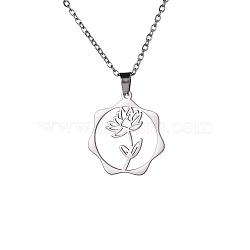 Stainless Steel Pendant Necklaces, July Lotus, 16.14~19.69 inch(41~50cm)(PW-WG57218-08)