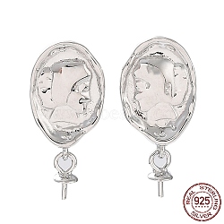 Rhodium Plated 925 Sterling Silver Stud Earring Findings, with Shell & S925 Stamp, for Half Drilled Pearl Beads, Oval with Woman, Real Platinum Plated, 18.5x8.5mm, Pin: 0.6mm & 0.7mm(STER-G036-04P)