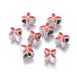 Alloy Enamel European Beads, Large Hole Flower Beads, Silver Color Plated, Red, 10x10x8mm, Hole: 5mm(ENAM-J257-04S-AAA)