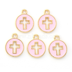 Light Gold Plated Alloy Enamel Pendants, Flat Round with Cross, Pearl Pink, 15x12x1.5mm, Hole: 1.6mm(X-ENAM-R136-18B)