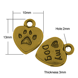 Tibetan Style Alloy Charms Pendants, Cadmium Free & Nickel Free & Lead Free, Heart with word Love My Dog, Antique Golden, 13x10x3mm, Hole: 2mm(TIBEP-A123278-AG-FF)