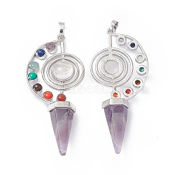 7 Chakra Natural Amethyst Big Pendants, Faceted Cone Charms, with Platinum Tone Brass Findings, 69x30x13mm, Hole: 5mm(G-F733-02E)