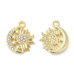 Alloy Rhinestone Pendants, Moon with Sun Charms, Golden, 16x13.5x2.5mm, Hole: 1.6mm(ALRI-P005-08G)