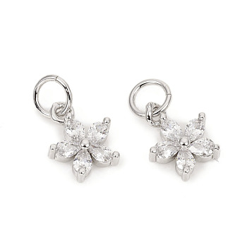 Brass Micro Pave Cubic Zirconia Charms, with Jump Rings, Flower, Clear, Platinum, 9.5x7.8x2.5mm, Jump Rings: 4.8x0.8mm, 3.2mm Inner Diameter