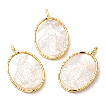 Rack Plating Brass Pave Shell Pendants, Oval with Virgin Mary Charms, Long-Lasting Plated, Cadmium Free & Lead Free, Real 18K Gold Plated, 26.5x16.5x3.5mm, Hole: 2.7x3.5mm