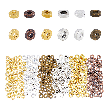 300Pcs 6 Colors Tibetan Style Alloy Beads, Donut, Mixed Color, 6x2mm, Hole: 2.5mm, 50pcs/color