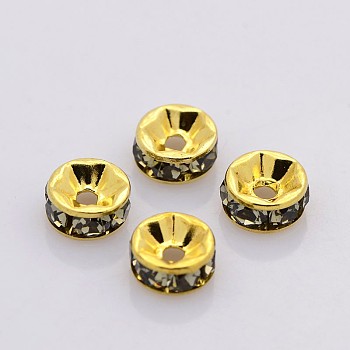 Brass Rhinestone Spacer Beads, Grade A, Straight Flange, Golden Metal Color, Rondelle, Black Diamond, 6x3mm, Hole: 1mm
