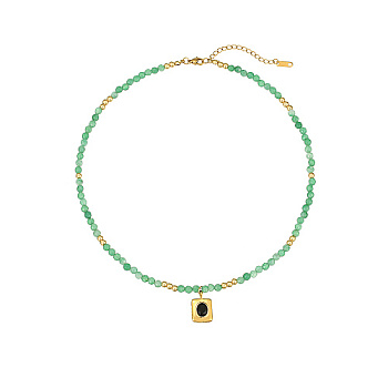 Natural Green Aventurine Bead Necklaces, Rectangle Stainless Steel Shell Pendant Necklaces for Women, 15.75 inch(40cm)