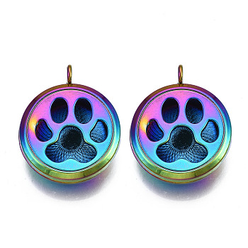 Rack Plating Alloy Locket Pendants, Diffuser Locket, with Magnetic, Cadmium Free & Nickel Free & Lead Free, Flat Round with Cat Paw Print, Rainbow Color, 36x30x11mm, Hole: 4mm, Inner Diameter: 22mm