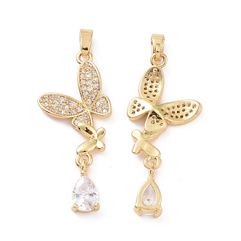 Brass Micro Pave Clear Cubic Zirconia Pendants, Butterfly with Teardrop Charm, Real 18K Gold Plated, 33x13.5x3mm, Hole: 4x2.5mm