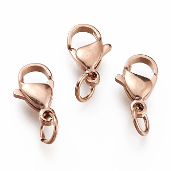 Ion Plating(IP) 304 Stainless Steel Lobster Claw Clasps, With Jump Ring, Rose Gold, 12x7x3.5mm, Hole: 3mm, Jump Ring: 5x0.6mm