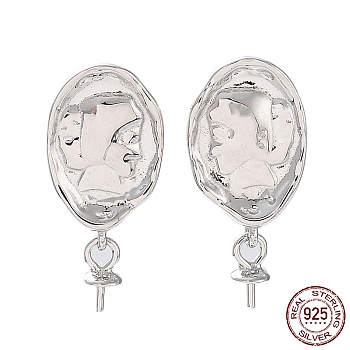 Rhodium Plated 925 Sterling Silver Stud Earring Findings, with Shell & S925 Stamp, for Half Drilled Pearl Beads, Oval with Woman, Real Platinum Plated, 18.5x8.5mm, Pin: 0.6mm & 0.7mm