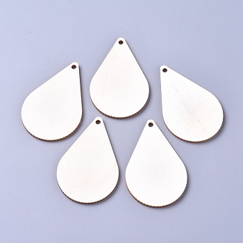Unfinished Blank Poplar Wood Big Pendants, Undyed, Teardrop, for Jewelry Making, Floral White, 61.5x39.5x2.5mm, Hole: 3mm