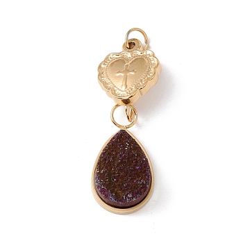 Electroplated Natural Druzy Quartz Pendants, with Ion Plating(IP) 304 Stainless Steel Findings, Purple Plated, Heart & Drop, Golden, 37mm, Jump Ring: 5x0.6mm, 3.8mm Inner Diameter