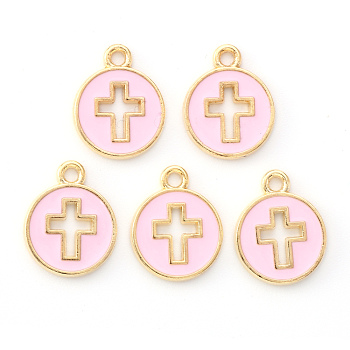 Light Gold Plated Alloy Enamel Pendants, Flat Round with Cross, Pearl Pink, 15x12x1.5mm, Hole: 1.6mm